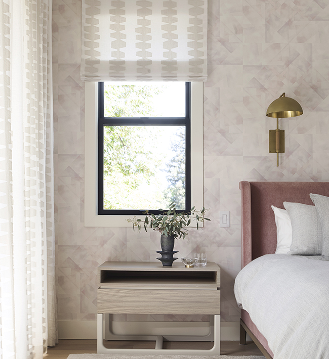 napa home designed by niche interiors, primary bedroom features patterned wallpaper