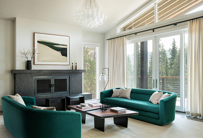 luxury living room design with bold green sofas by San Francisco interior designers