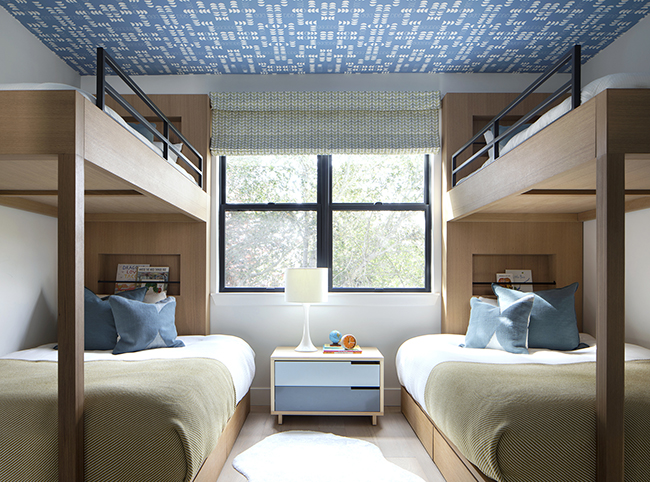 custom interior design napa home, featuring graphic wallpaper on ceiling 