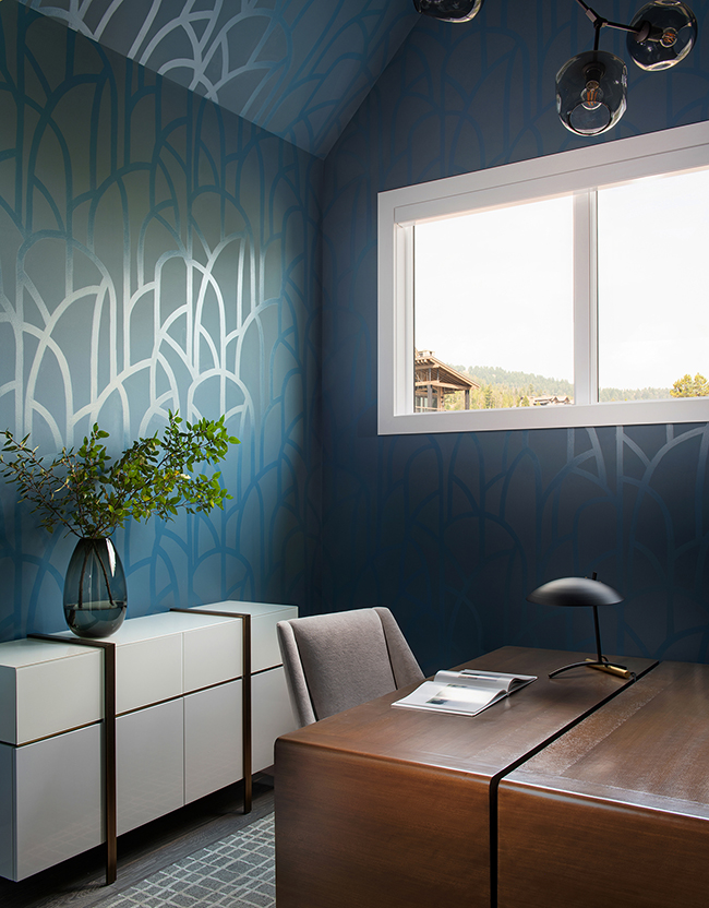 modern office with bold blue walls by Bay Area interior designer 