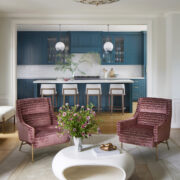 bold Bay Area living room with teal kitchen cabinets designed by san Francisco interior designers