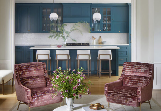 bold Bay Area living room with teal kitchen cabinets designed by san Francisco interior designers