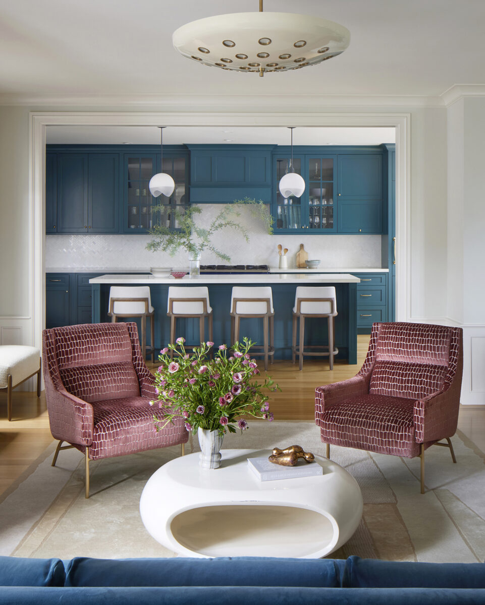 bold Bay Area living room with teal kitchen cabinets designed by san Francisco interior designers